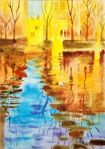 Mesto v zrkadle — Akvarel, 40x50cm, 2020