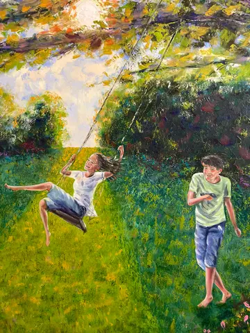 V objatí platana — olej, 120x150cm, 2025