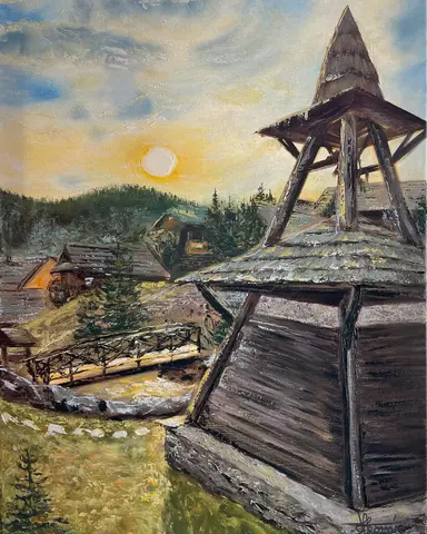 Zvonica v Maríkovej — olej, 50x70cm, 2023